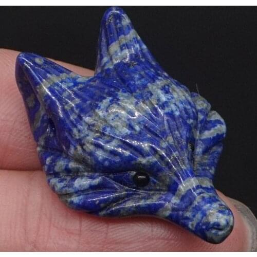 1.3" Fox Head Pendant Figurine Lapis+ Gemstone Animal Statue Carved Stone Carving Crystal Healing Necklace Jewelry Man Fashion