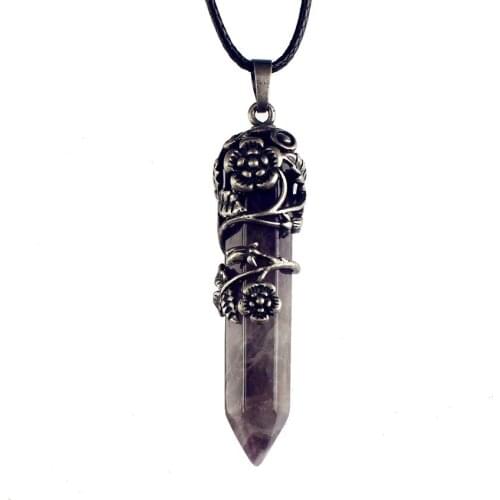 Trendy-beads Copper Flower Wrap Natural Purple Amethysts Hexagon Prism Pendant Ethnic Jewelry