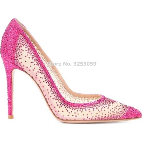 Newest Arrival Pink Beige-hued Bling Bling Crystal Embellished Dress Pumps Pointed Toe Shallow Mesh Wedding Shoes Glittering