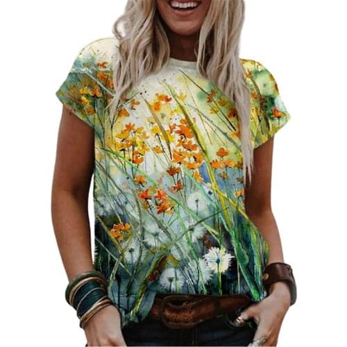 Women 3D Plant Flowers Print T Shirt Summer Oversize Ladies Loose Tops Casual Short Sleeve O-Neck Cotton T Shirts Plus Size 2021