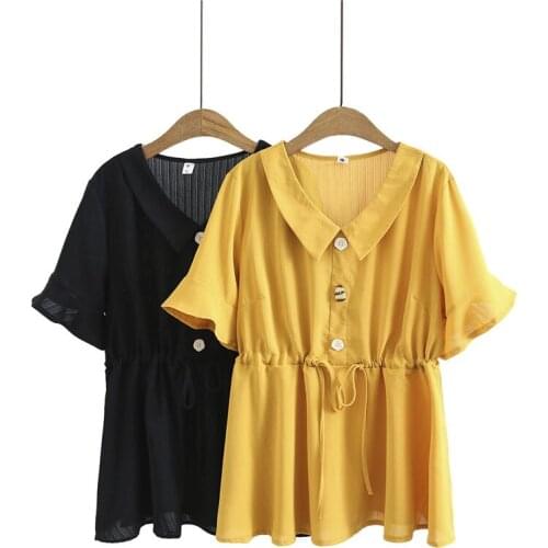 Plus Size Womens 2021 Summer Korean Style Clothing Loose Slimming Short Sleeve Lapel Shirt Top Casual Ladies Blouses 4XL zh1511