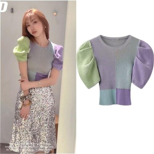 European Summer New Short-sleeved Purple Puff-sleeved High-waisted Slim Base Color-blocking Knitted T-shirts Women Tops 2021