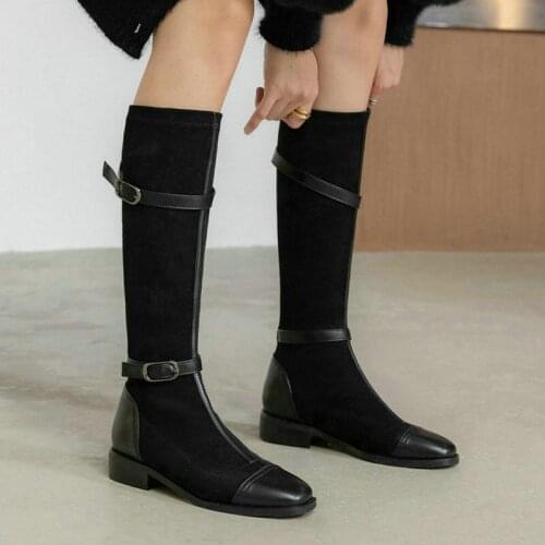 Faux Suede Women Knee High Boots Comfortable Thick Heel Ladies Long Boots Buckle Women Motorcycle Boots 2021 New Black Brown