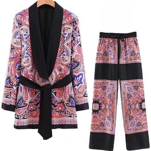 Aonibeier Paisley Print Contrast Panelled Casual 2 Piece Sets 2021 Summer Autumn Belted Blazers and Straight Pants Women Suits