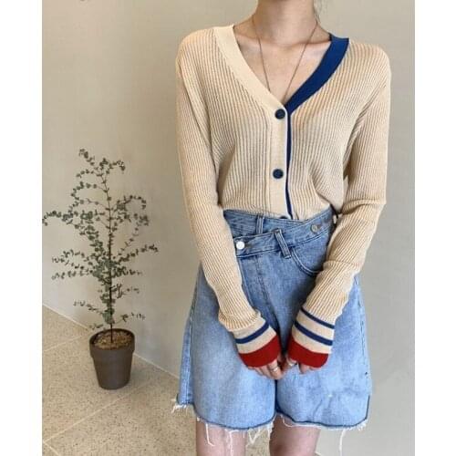Women Spring Summer Knitted Tops Fashion V Neck Sweater Long Sleeve Cardigan Short Coat Ladies Striped Thin Sweater 2021