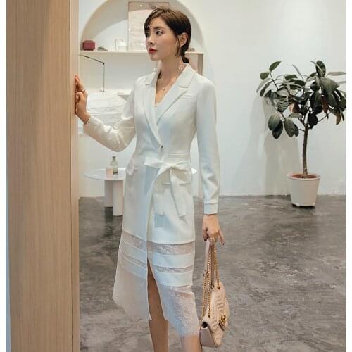YIGELILA Autumn New Arrivals White Dress Turn-down Collar Office Lady With Lace Dress A-line Long Sleeves Mid-calf Dress 65293