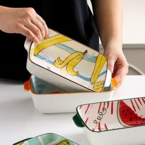 2019 Home Baking Bibimbap Rice Baking Plate Fruit Pattern Rectangular Creative Western Pasta Plate Baking Bowl Ceramic Plate