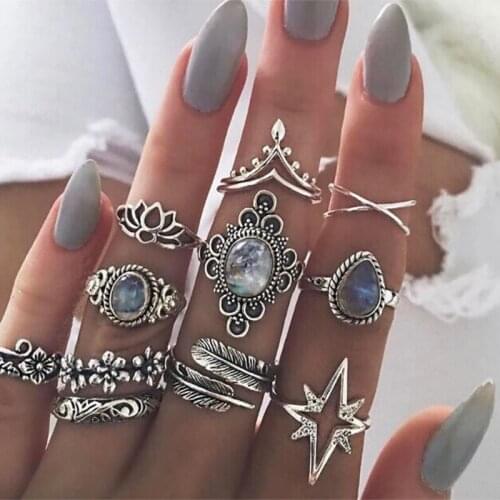 11 Pcs/Set Bohemian Charm Starry Sky Rings for Women Carving Flowers Leaves Wedding Party Vintages Ring Jewelry