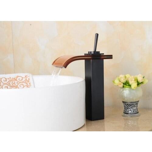 Bathroom oil rubbed bronze sink basin faucet black, Brass waterfall faucet mixer, Copper wash basin faucet glass hot and cold