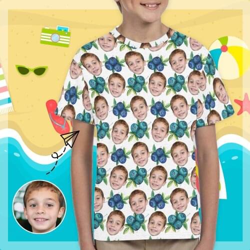 Custom Face Photo White Blueberry Kids All Over Print T-shirt Personalized Design Summer Casual Top Unique Gift For Children