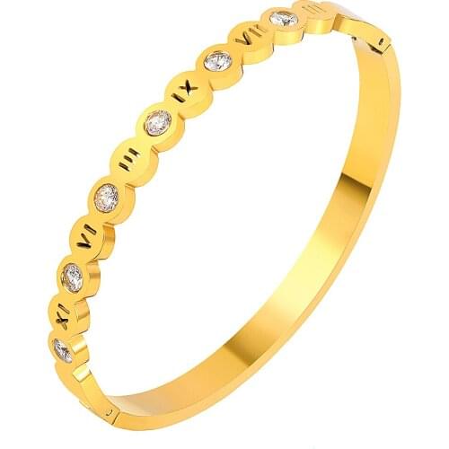 Hot Sale Fashion Opening Stainless Steel Bangles Crystal Rose Gold White Gold Bangles Roman Numerals Womens Bracelet