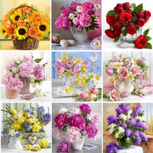 HUACAN Full Square Diamond Embroidery Flowers Round Diamond Art Painting Handmade Mosaic Home Decoration Gift