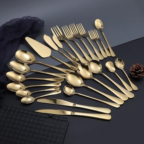 Golden Cutlery Kitchen Tableware Stainless Steel Cutlery Set Gold Dinner Dessert Salad Spoon Fork Knife Set Dinnerware Flatware