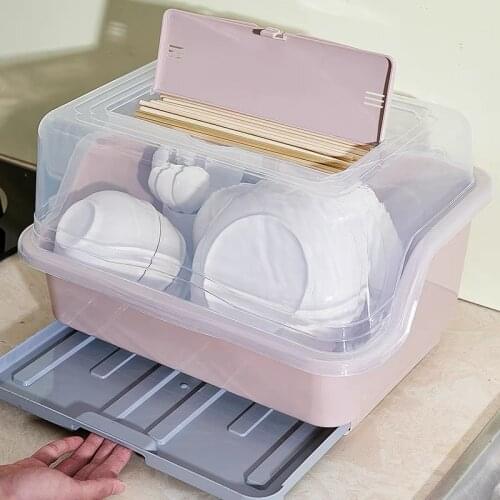 Tableware Drain Rack With Lid Plastic Bowl Plate Storage Box Multifunctional Dust-Proof Drain Dish Racks Organizer Container