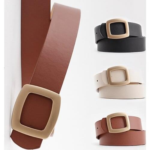 2021 Wide Leather Waist Strap Belt Women Black White Pink High Quality Gold Square Pin Metal Buckle Belts Female Belts for Jeans