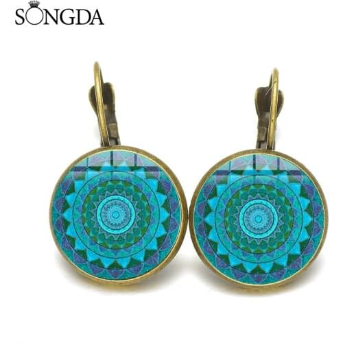Mandala Flower Glass Dome Earrings Vintage Om Symbol Zen Buddhism Boho Geometry Henna Yoga Earrings for Women Pendientes