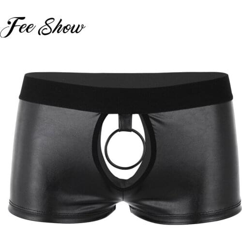 Gay Men Lingerie Stretchy Boxer Shorts Sissy Panties Faux Leather Jockstrap Low Rise Boxer Underwear with Ball Out Lifter O-ring