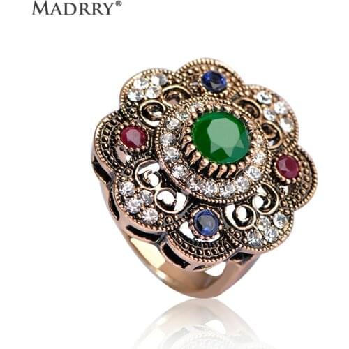 Madrry High Quality Vintage Sculpture Flower Rings Turkish Jewelry Antique Gold Color Finger Ring Aneis Anel Christmas Delicate