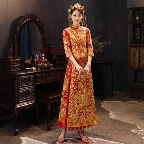 Oriental Satin Golden Embroidery Formal Wedding Dress Banquet High-quaity Classic Cheongsam China Qipao костюм для восточных