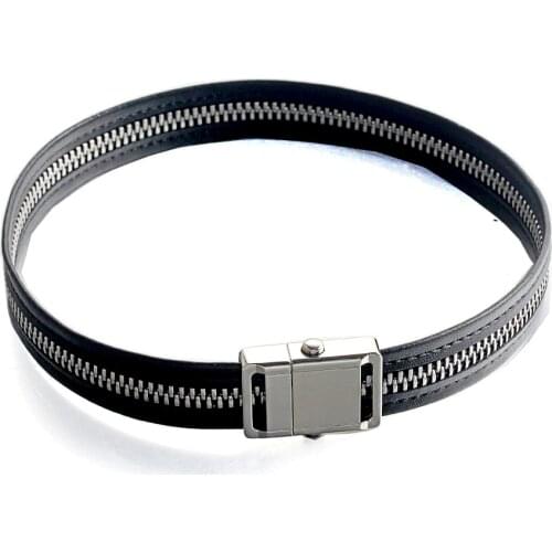 Black Genuine Leather Chokers Necklaces Zipper Design Bracelet Necklace Collar Dual Use 41CM