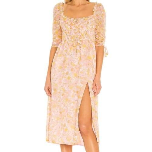 2021 Summer Autumn O-neck 1/2 Sleeve Print Chiffon Women Split Mid-calf Dress