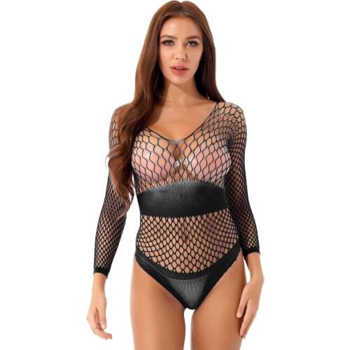 Women Hollow Out Fishnet Bodysuit Long Sleeve Leotard Ladies Solid Color See-through Jumpsuit Nightwear Nightclub Stage Costumes