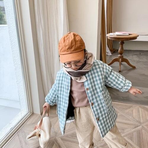 Winter childrens coat New Arrival korean style thickened and warm long plaid cotton jacket for fashion cute baby girls and boys
