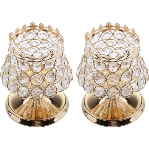 2 Pieces Goblet Shaped Shining Gold Crystal Votive Tea Light Candle Holder for Wedding Banquet Decor Crafts