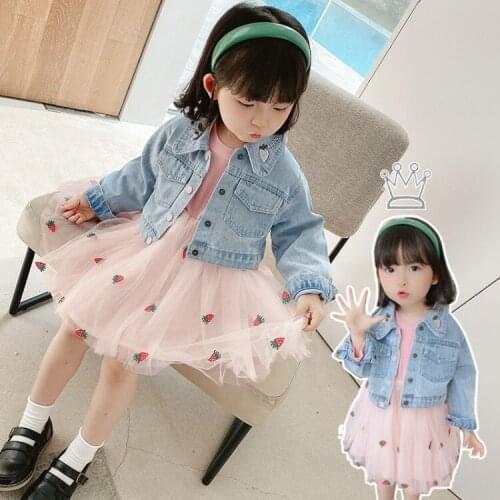 2021 Spring/Autumn New Denim Jacket Mesh Stitching Dress Childrens Long-sleeved Skirt Girls Clothing