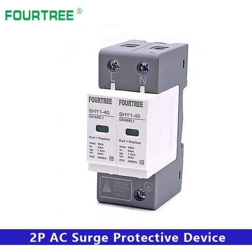 AC SPD Surge Protection 2P 20〜40KA 30KA〜60KA House Lightning Protector Low-Voltage Arrester Device 275V 385V Din Rail