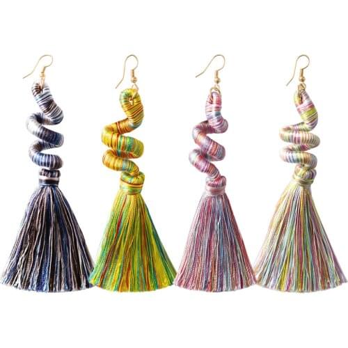 Vedawas Bohemian Colorful Spiral Fringed Tassel Earrings for Women Ethnic Weave Macrame Drop Earrings Wedding Jewelry Party Gift