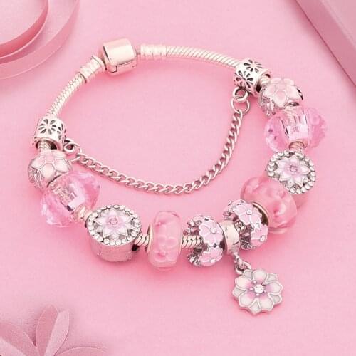 Dropshipping Romantic Pink Crystal Enamel Cherry Blossoms Flower Charm Bracelet Silver Color DIY Plant Bead Bracelet for Women