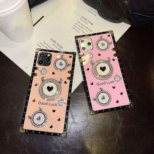 Luxury Square Cute Cow Horns Phone Case For iPhone 12Pro MAX 11XS Max XR 7 8Plus Glitter Bling Love Heart Ring Holder Soft Cover