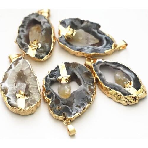 Black Grey Polished Flat Druzy Stone Pendant Natural Geode Druzy Agates Slice Pendant Female Female Jewelry Accessories