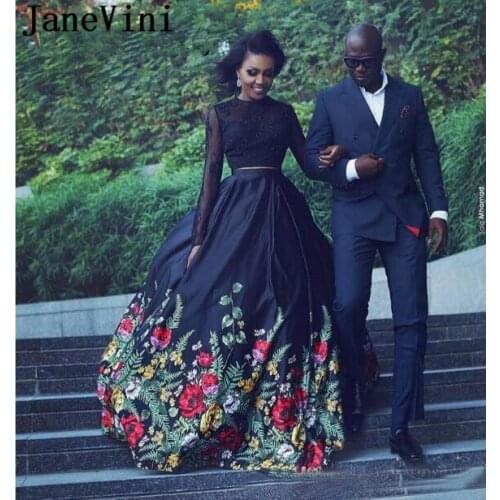 JaneVini 2019 Elegant Floral Prom Dress Black Girls Satin Two Pieces Long Sleeves Evening Party Gowns Lace Open Back Gala Jurken