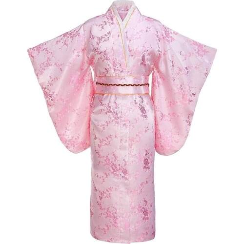 Pink Print Flower Young Lady Japanese Traditional Kimono Bathrobe Gown Full Sleeve Evening Party Prom Dress Satin V-neck Clothes