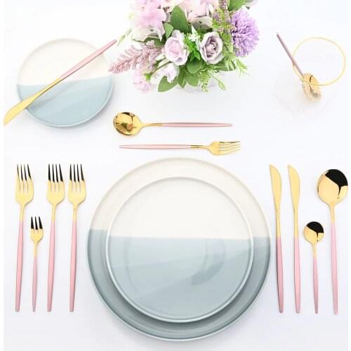 JANKNG 24pcs Gold Dinnerware Set Stainless Steel Pink Tableware Knife Fork Spoon Dinner Set Cutlery Spoon Dishwasher Flatware