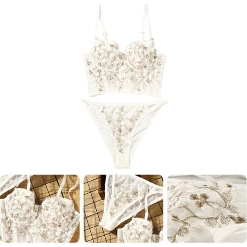 Women Embroidered Floral Applique Lingerie Set Push Up Underwire Bustier Corset Bra and Low Waist Panty 2 Pieces Sexy Sheer Mesh