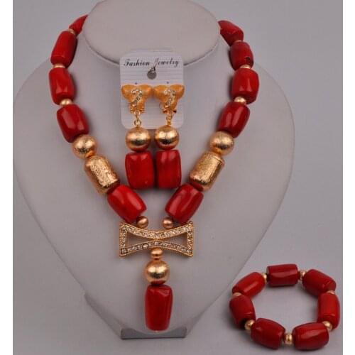 Red Coral and Gold African Jewelry Set Nigerian Wedding Beads Costume Necklace 2-04-D4