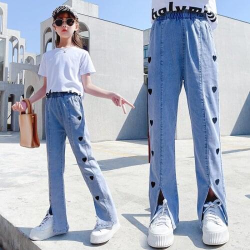 Summer Girls Pants Thin Jeans Love Heart-shaped Embroidery Wide Leg Jeans Split Long Trousers 4 5 6 7 8 9 10 11 12 13 Years Kids