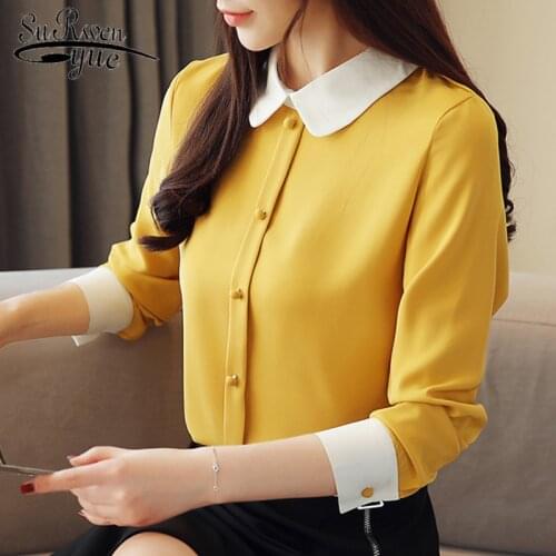 Mujer De Moda 2021 Womens Tops and Blouses Blusas Chiffon Blouse Button Solid Turn-down Collar Plus Size Shirts Female 1987 50