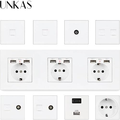 UNKAS 3 Gang EU Wall Socket Dual USB + HDMI-Compatible Port USB 3.0 Jack TV RJ11 Telephone RJ45 Internet PC Plastic Panel Outlet
