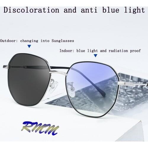 2020 New RMM polygon Anti blue light Discolored Sunglasses metal eyeglasses for men women multi-function Photochromic glasses