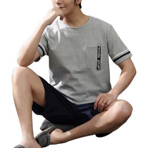 Men Sleepwear Breathable O Neck Cotton lastic band at the waist Blended Loose Summer Pajamas for Home футболка мужская