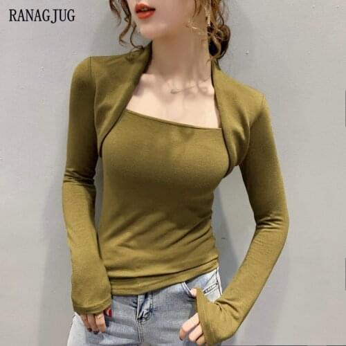 Gray T Shirts Corset Tops Women Clothes Korean Elastic Tight Long Sleeve Vogue Sexy T-Shirts Ladies Elegant Tees Autumn 2021 New