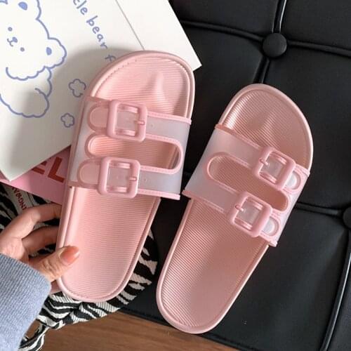 Non-slip Women Summer Slippers Beach Slide Sandals Flip Flops Square Buckle Soft Sole Transparent Ladies Girls Bathroom Shoes