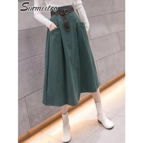 SURMIITRO Fashion 2021 Autumn Winter Midi Long Skirt Women Korean Style Green Mid-Length High Waist A Line Skirt Female Belt
