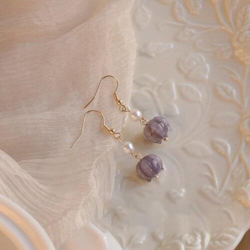 Vintage Fashion Pearl Purple Glass Flower Drop Earrings for Women French Style Graceful Hook Earrings Party Jewelry 2021 New