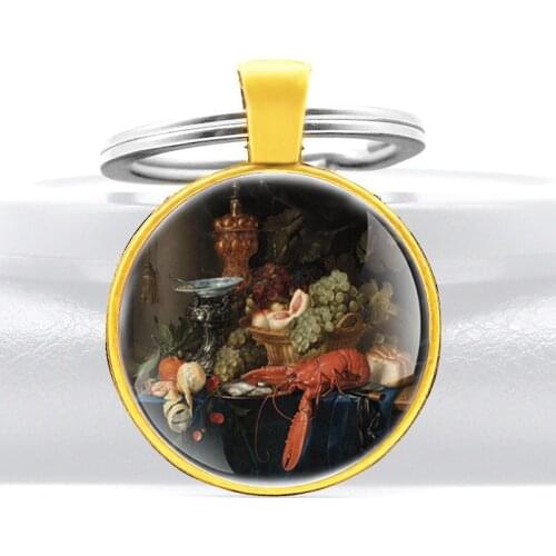 Vintage Still Life with Golden Goblet Glass Dome Pendant Key Chain Charm Men Women Jewelry Gifts Key Rings