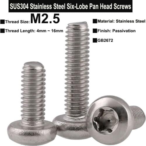 50Pcs M2.5x4mm~16mm SUS304 Stainless Steel Six-Lobe Pan Head Screws Machine Screw GB2672